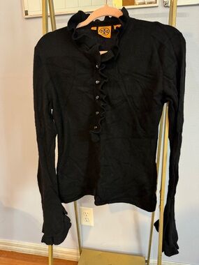 Tory Burch Black Ruffle-Front Button Knit Top